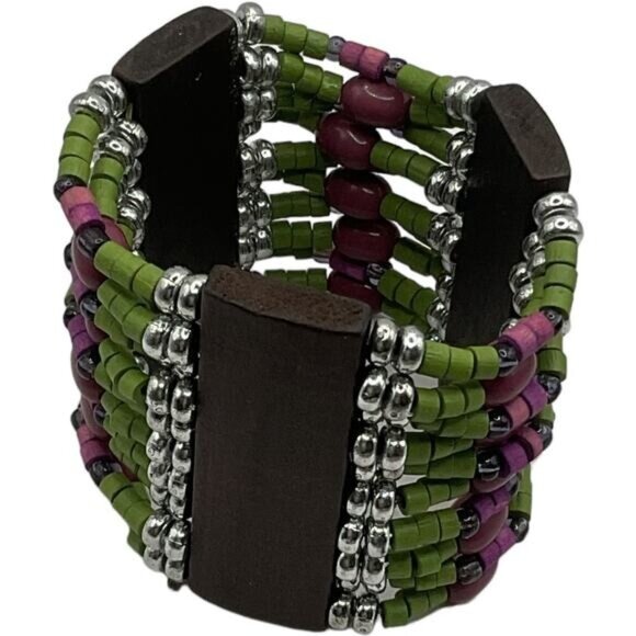Handcrafted Bohemian Multicolor Beaded Stretch Cuff Bracelet - Picture 1 of 4